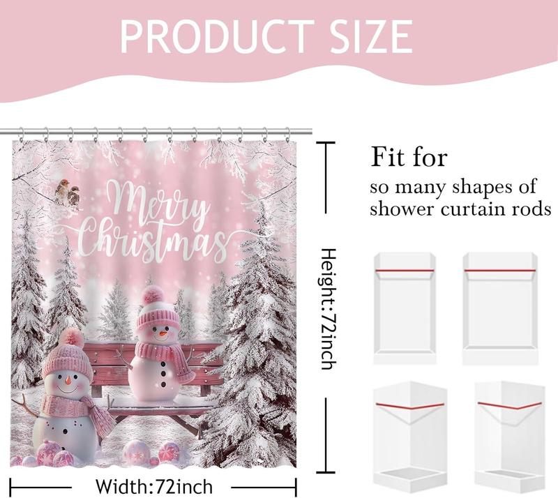 Merry Christmas Shower Curtain - Pink Snowman, 12 Hooks, Winter Snowflake Bathroom Decor, Waterproof Fabric (72x72 Inch)