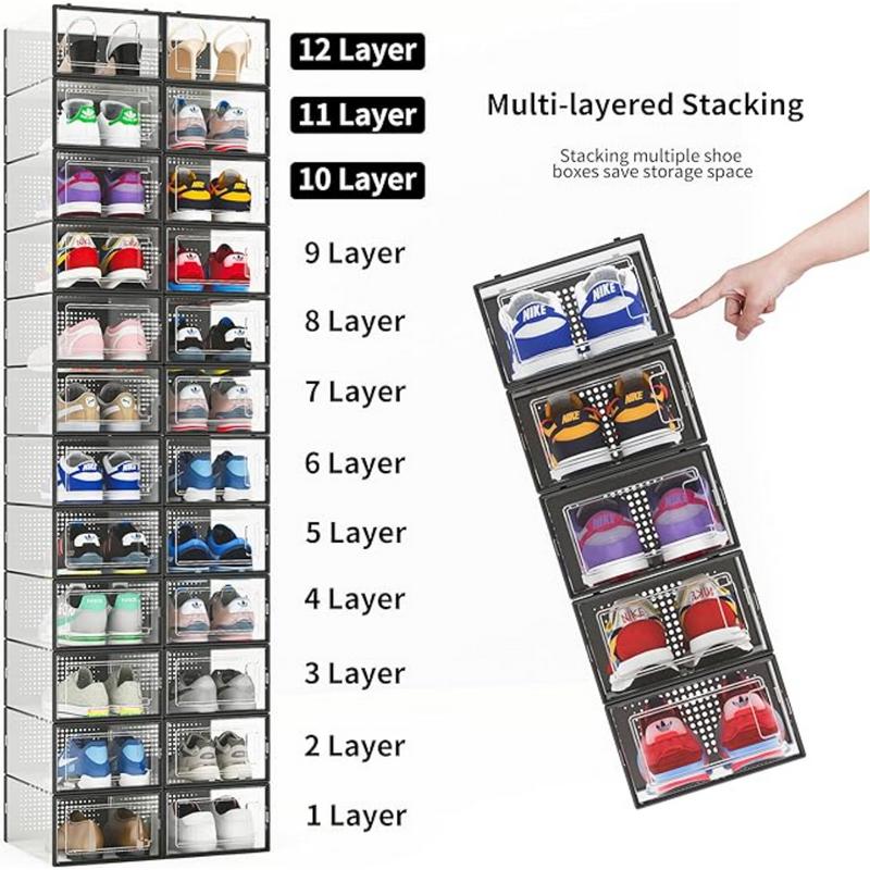 12 Pack Shoe Storage Bins, Clear Plastic Stackable Shoe Organizer for Closet, Space Saving Foldable Shoe Rack, Shoe Box Sneaker Holder Container, Black Frame Laundry Lightweight Room outdoorstoragestation