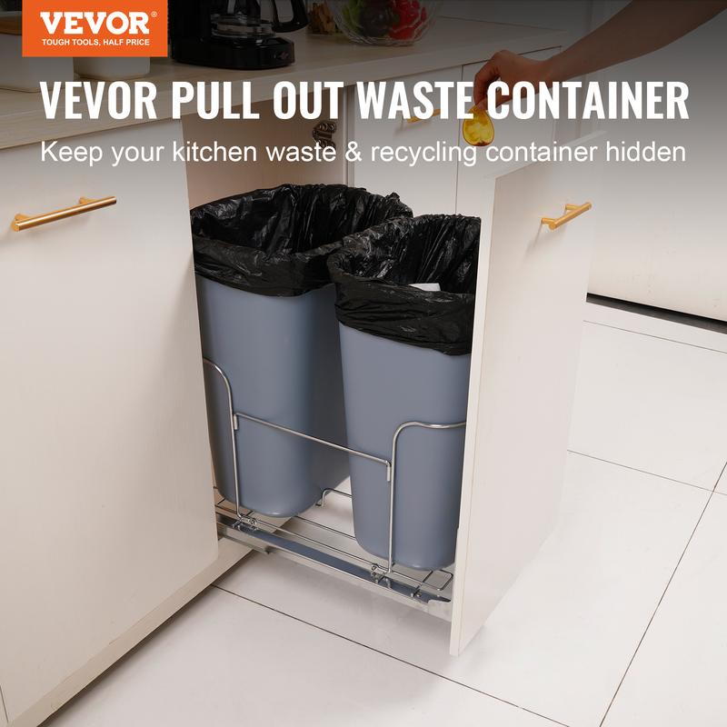 VEVOR Pull-Out Trash Can, 35Lx2 Double Bins, Under Mount Kitchen Waste Container with Slide and Door Mounting Kit, 110 lbs Load Capacity Heavy Duty Garbage Recycling Bin for Kitchen Cabinet, Sink Smooth