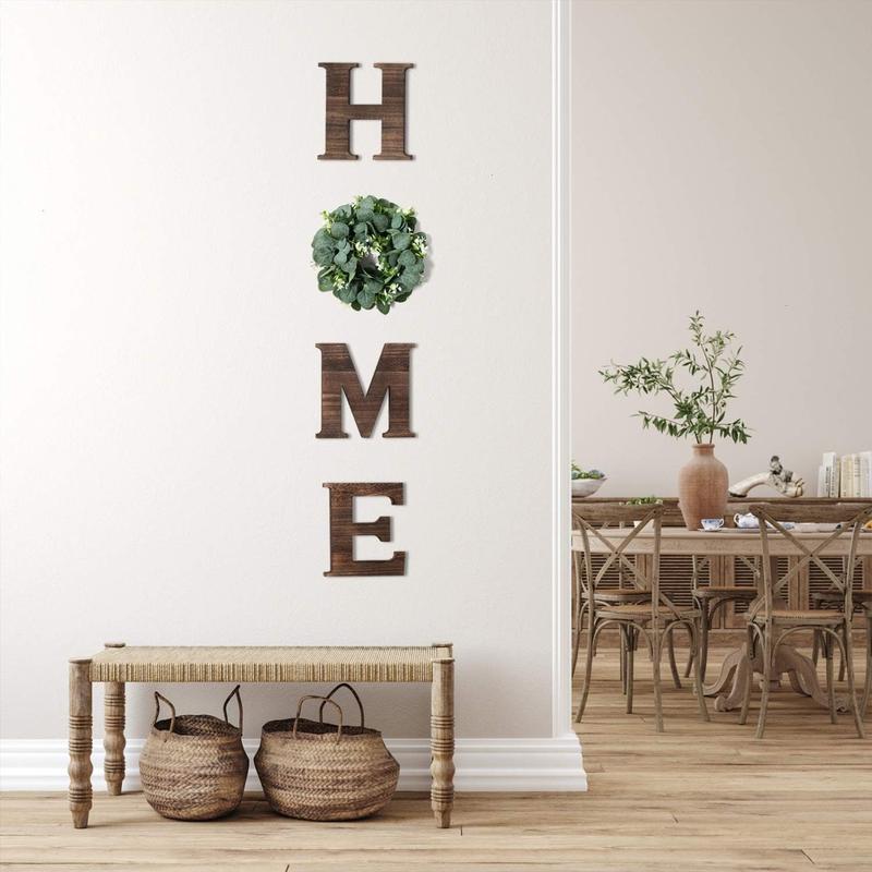 Wooden Home Sign with Artificial Eucalyptus Wreath for O, 9.8'' Letters for Wall Hanging Rustic Letters Decor for Living Room, Entry Way, Kitchen, Etc (Brown)