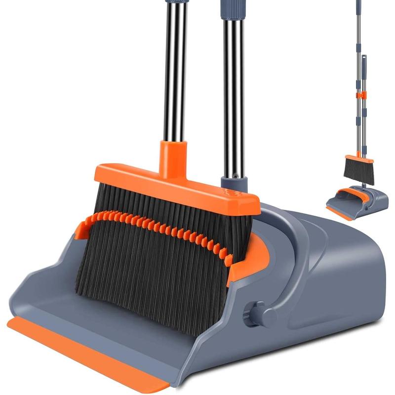 Upgrade Broom and Dustpan Set, Self-Cleaning with Dustpan Teeth, Indoor&Outdoor Sweeping, Ideal for Dog Cat Pets Home Use, Stand Up Broom and Dustpan (Gray&Orange)