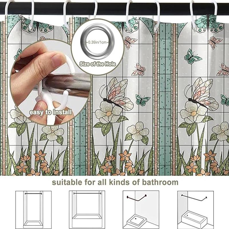 Butterfly & Floral Print Shower Curtain, 1 Count Modern Waterproof Shower Curtain with 12pcs Hooks, Bathroom Decor Accessories