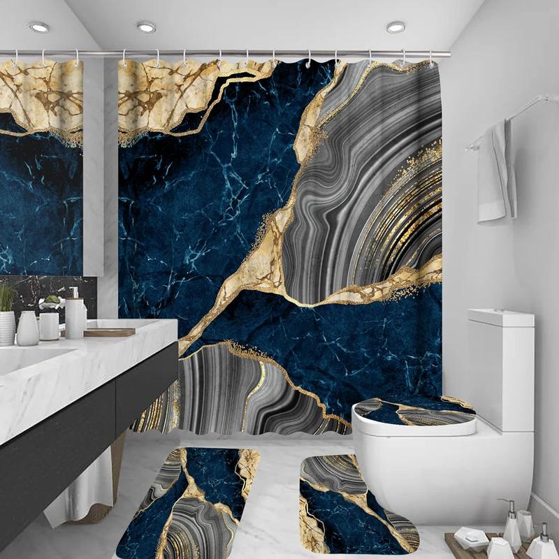 4Pcs Marble Shower Curtain Sets with 12 Hooks - Luxury Bathroom Decor Sets Traditional