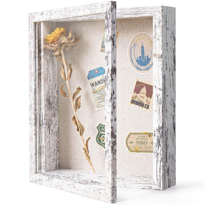 8x10 Shadow Box Frame with Linen Back - Real Glass, Push Pins Included, Sturdy Rustic Memory Display Case, Distressed White