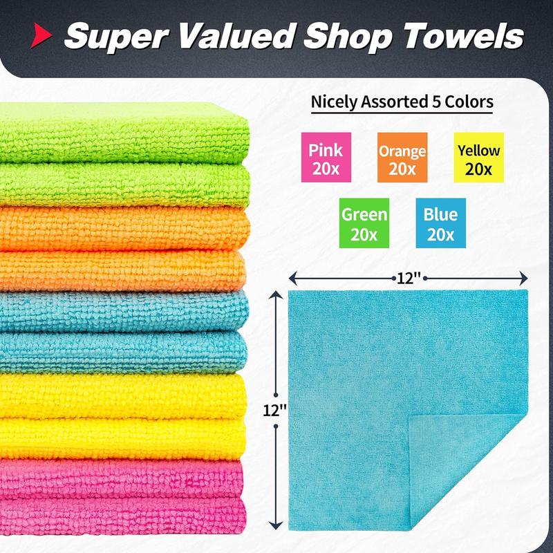 Microfiber Cleaning Cloth, 100 Pack Shop Towels, Micro Fiber Cloth for Cleaning Car, All-Purpose Absorbent Cleaning Rags for Housekeeping, Dust Cloth for Office, Car Wash Towels, 12inx12in