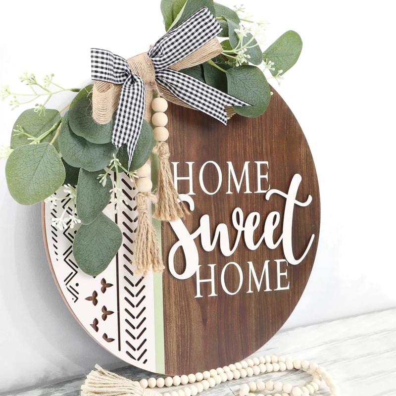 3D Welcome Front Door Wreath Porch Decor, Wooden Home Sweet Home Boho Outdoor Sign Hanging, Farmhouse Aztec Wall Sign Hanger with Artificial Leaves&Rustic Beads