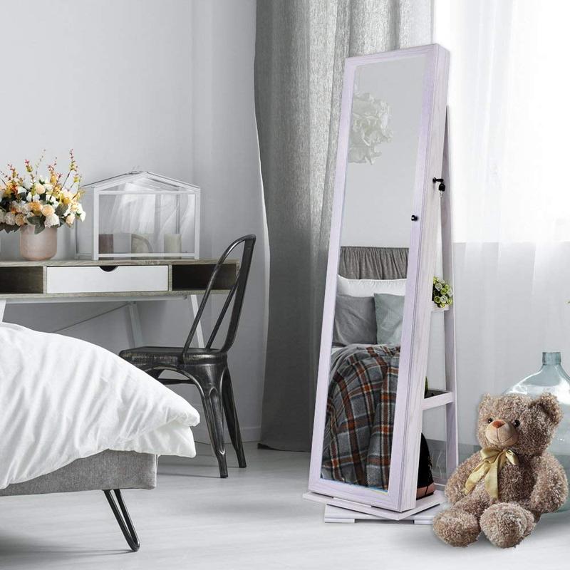 360 Degree Rotatable Jewelry Armoire with Free-Standing Mirror, White Decor Door Decor Door