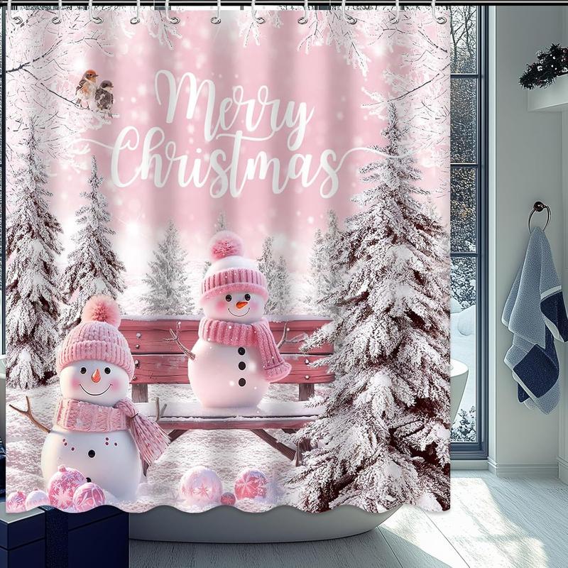 Merry Christmas Shower Curtain - Pink Snowman, 12 Hooks, Winter Snowflake Bathroom Decor, Waterproof Fabric (72x72 Inch)