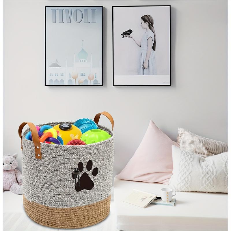 Dog Toy Basket, Cotton Dog Toy Box With Handle Round Dog Toy Bin - Perfect For Organizing Pet Toys, Blankets, Leashes, White