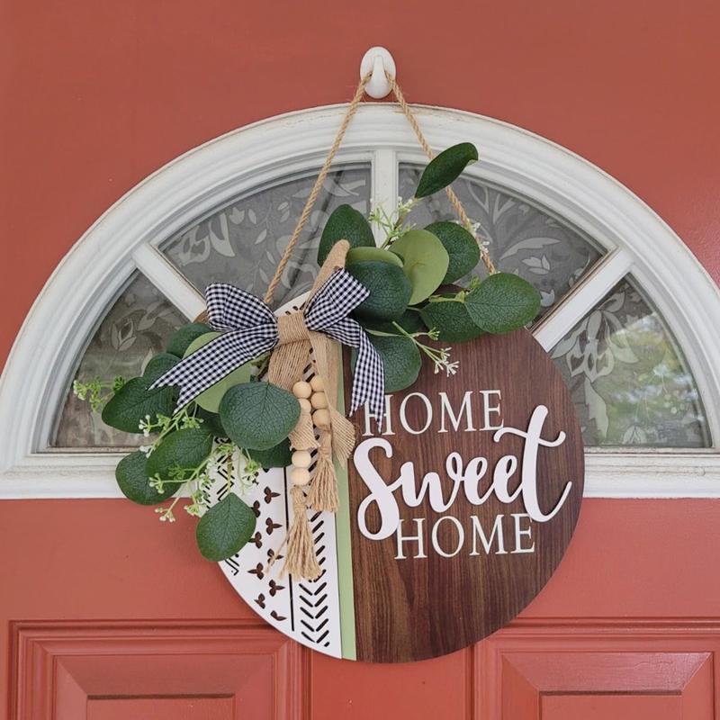 3D Welcome Front Door Wreath Porch Decor, Wooden Home Sweet Home Boho Outdoor Sign Hanging, Farmhouse Aztec Wall Sign Hanger with Artificial Leaves&Rustic Beads