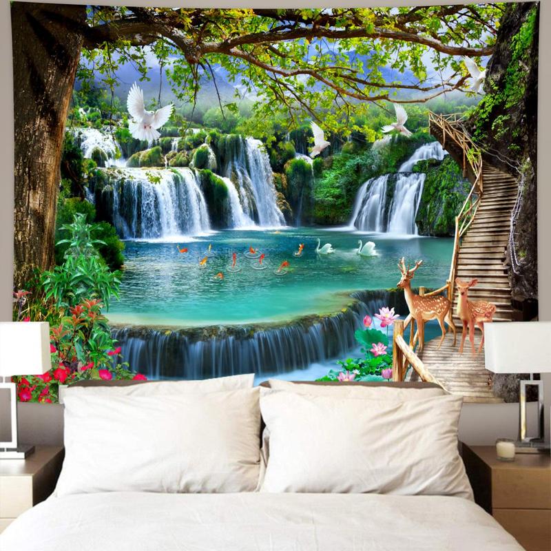 Waterfall & Forest Pattern Tapestry, 1 Count Decorative Natural Landscape Pattern Wall Hanging Tapestry, Wall Art Decor for Home Living Room Bedroom