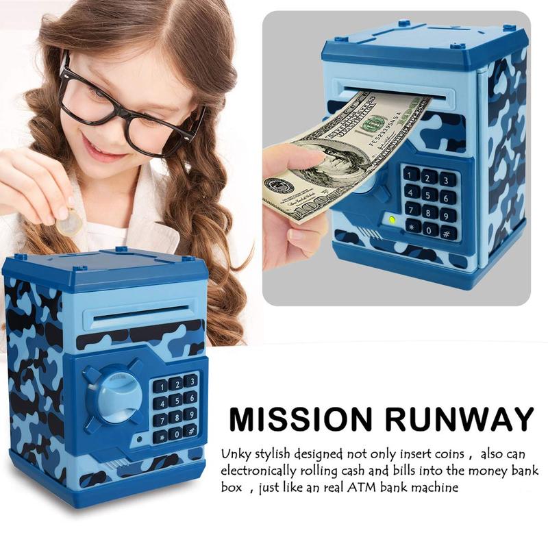 Piggy  for Boys Girls, 4 5 6 7 8 9 10 Year Old Girl Boy Birthday Gift Ideas,  Password Money Saving Box ATM,  Gift Safe  Toys for  (Camouflage Blue)