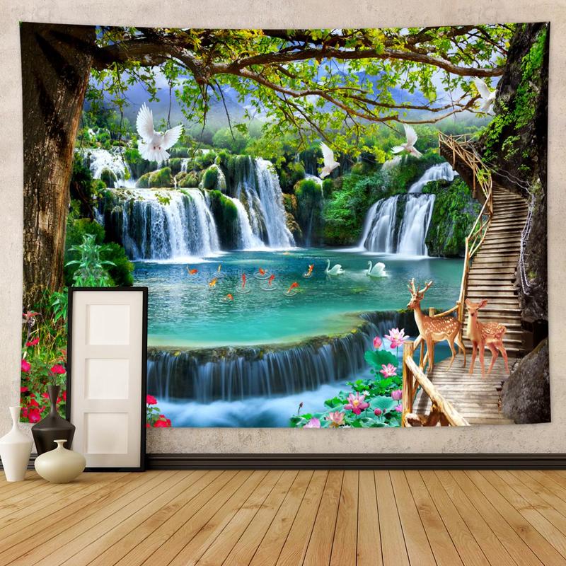 Waterfall & Forest Pattern Tapestry, 1 Count Decorative Natural Landscape Pattern Wall Hanging Tapestry, Wall Art Decor for Home Living Room Bedroom