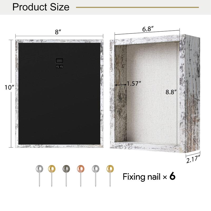 8x10 Shadow Box Frame with Linen Back - Real Glass, Push Pins Included, Sturdy Rustic Memory Display Case, Distressed White