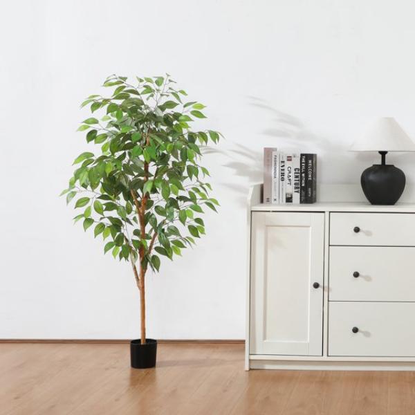 Artificial Ficus Tree with Natural Wood Trunk and Lifelike Leaves, Silk Fake Potted Tree with Wood Branches, Faux Tree for Office Home Decor