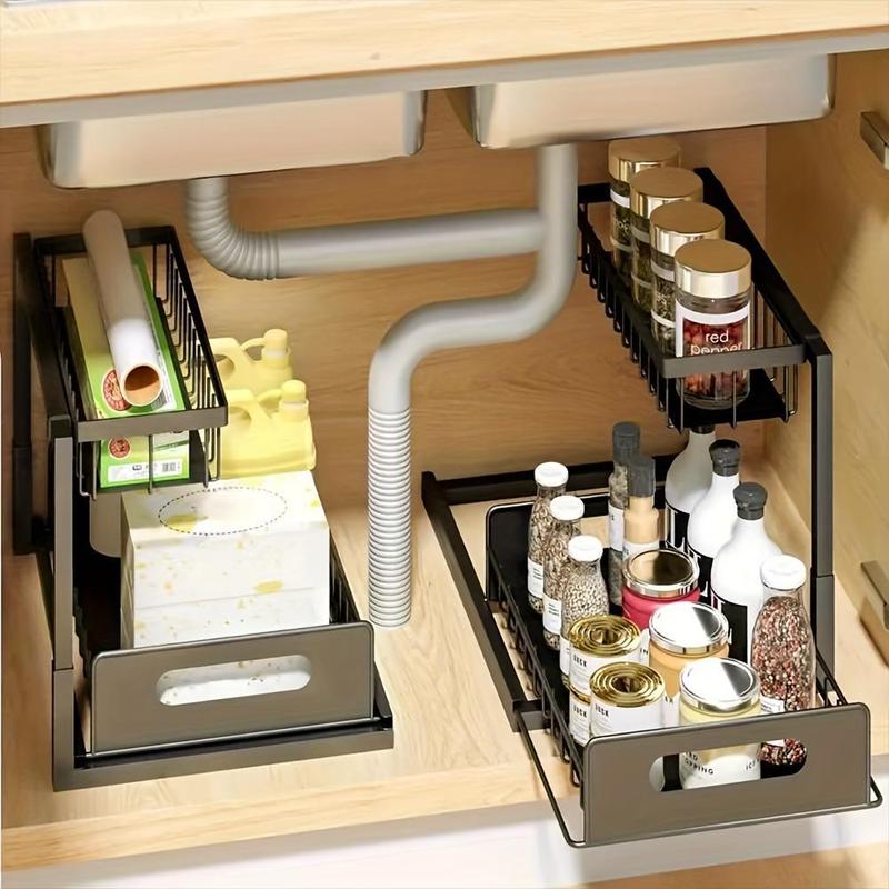 Under Sink Storage Rack, 2 Counts Sliding Pull Out Storage Rack, Under Sink Storage Organizer for Kitchen Bathroom Home