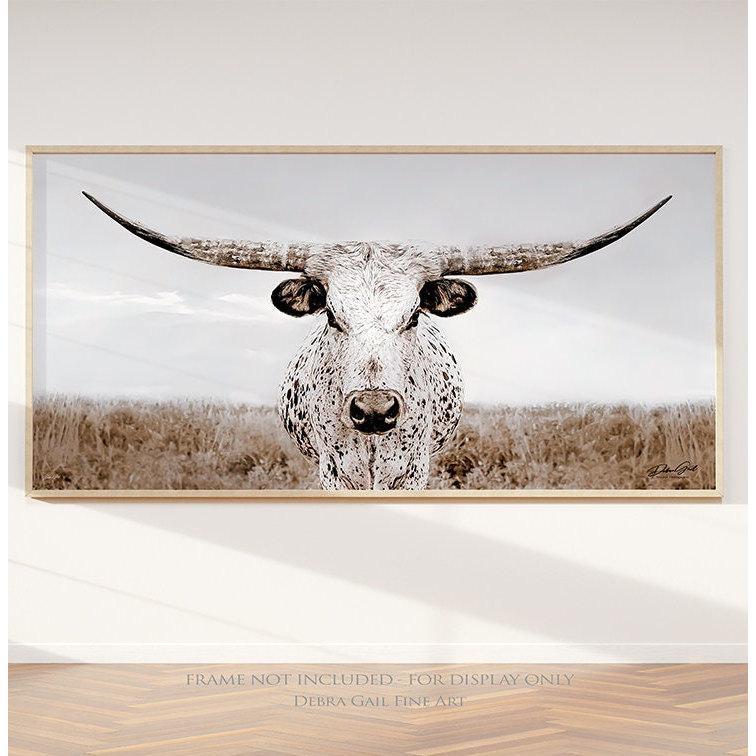 Crawford Beautiful White Texas Longhorn Picture – Extra Wide Wall Art for Western & Farmhouse Style (unframed)