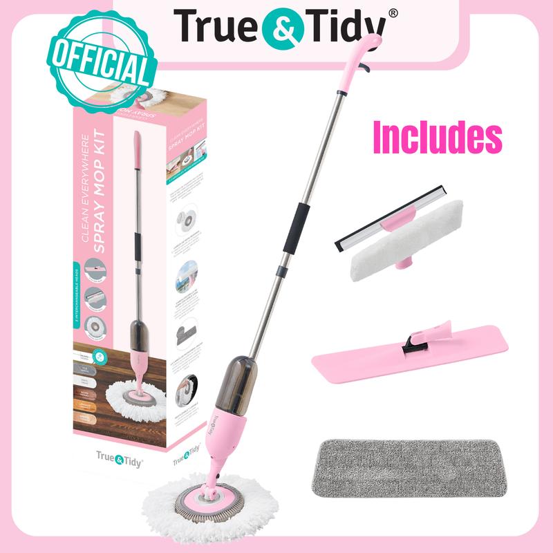 PINK True & Tidy 3-in-1 Spray Mop Kit: Interchangeable heads, microfiber pad, rotatable handle, Wide Spray Area