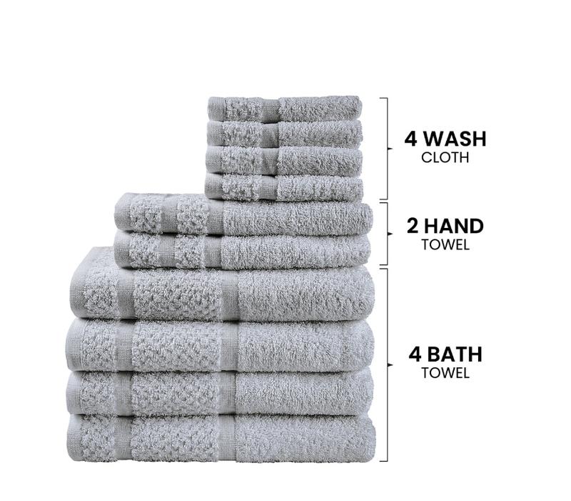 Set of 10 Towels with Upgraded Softness & Durability, Grey Bath Border