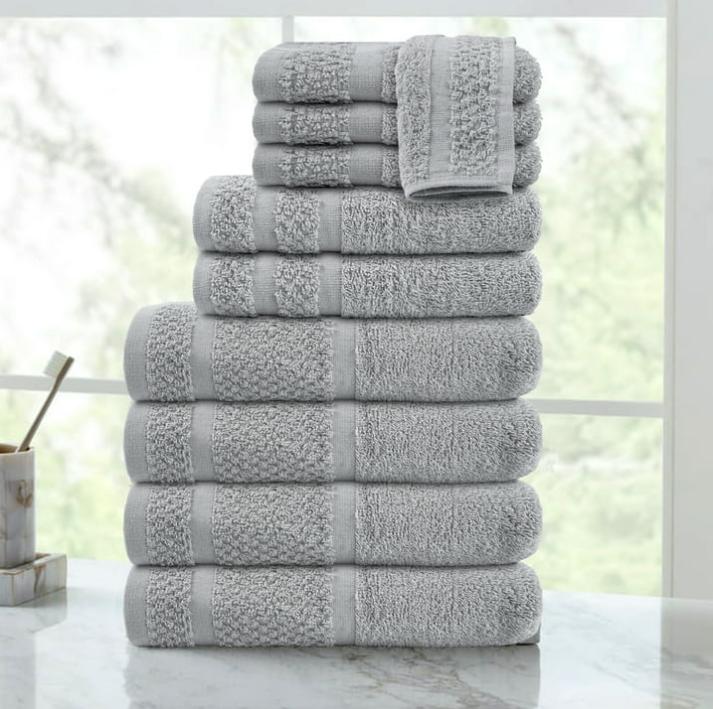 Set of 10 Towels with Upgraded Softness & Durability, Grey Bath Border