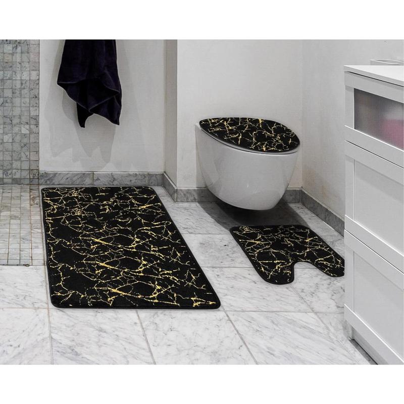 Marble Bathroom Rugs and Mats Set 3 Count Nonslip Black Gold Bathroom Mats Soft Washable Bath Mats for Bathroom Floor Mats Carpet Water Absorbent Shower Rug with U-Shaped Contour Rug Toilet Lid Cover