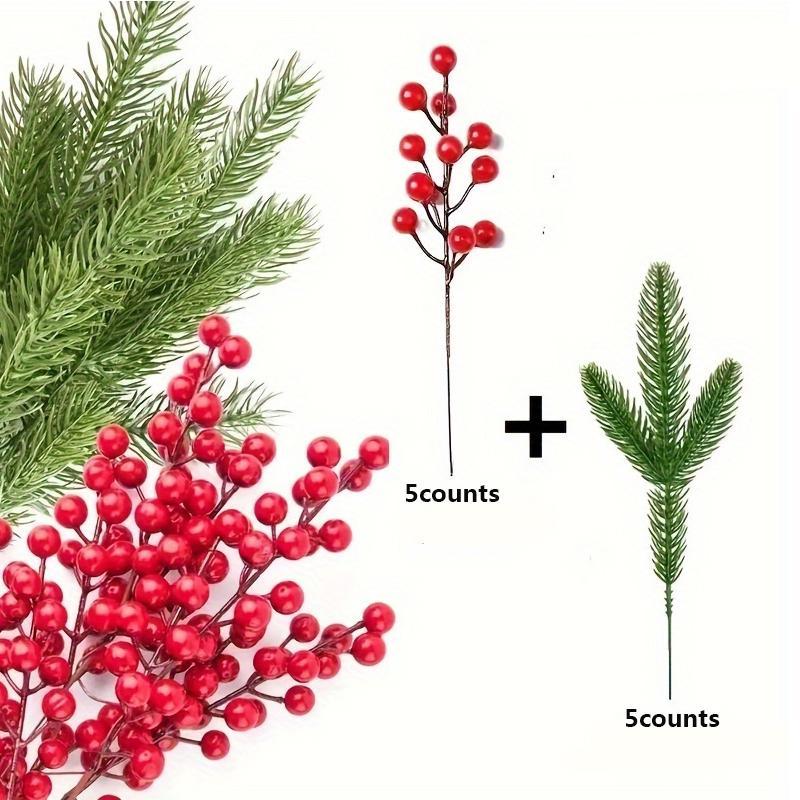 Artificial Red Berry Pine Branches, 10pcs set Including 5 Counts Berry & 5 Counts Plant, Artificial Berry Pine Branches, Festive Decorations