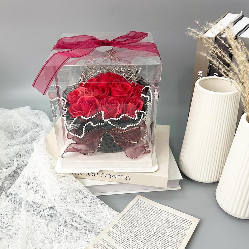 Artificial Rose with Crown Gift Box, 1 Count Romantic Faux Rose Flower Gift Box, Decorative Flower for Home Party Wedding Anniversary Festival