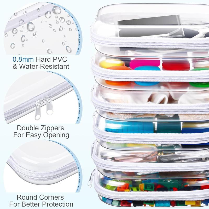 6 count Clear Hard Zipper Case Hard Plastic Zipper Pouches Makeup Bag Transparent Cases for Snacks Hard Plastic Storage Organizer Portable Box for Travel(White,7.87 x 5.9 x 2 Inch)