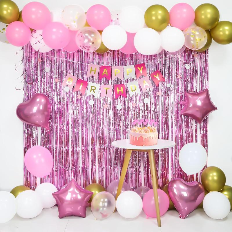 Happy Birthday Decoration Set,Pink Party Decorations for Girls,Happy Birthday Banner,Fringe Curtain,Happy Birthday Foil Confetti Balloons,Hanging Swirls Party Decorations,Cupcake Toppers