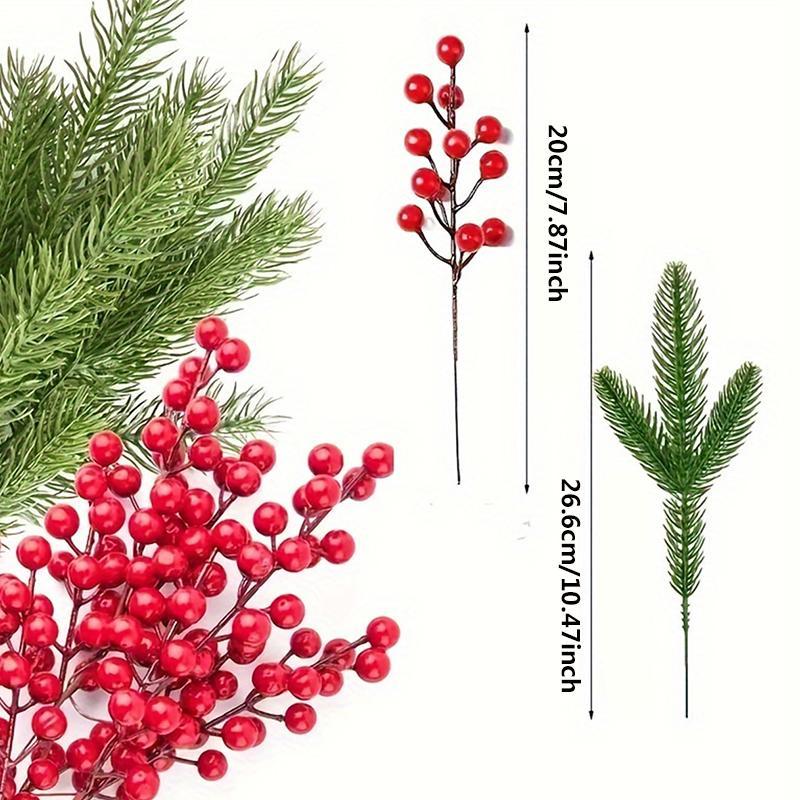 Artificial Red Berry Pine Branches, 10pcs set Including 5 Counts Berry & 5 Counts Plant, Artificial Berry Pine Branches, Festive Decorations