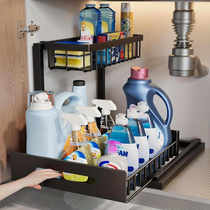 Under Sink Storage Rack, 2 Counts Sliding Pull Out Storage Rack, Under Sink Storage Organizer for Kitchen Bathroom Home