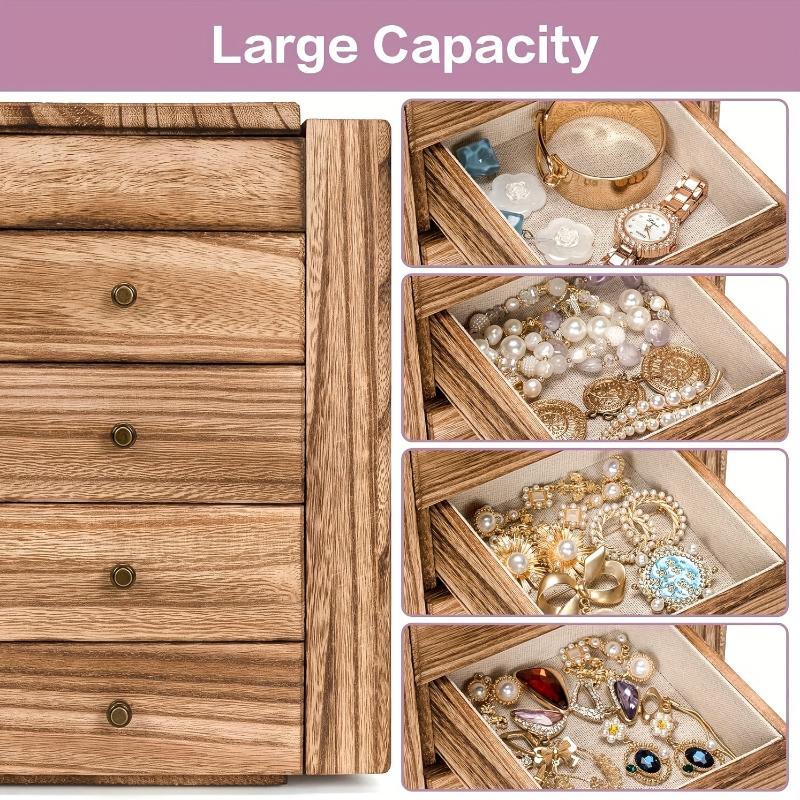 Charming Rustic 5-Layer Wooden Jewelry Organizer with Mirror - Perfect for Necklaces, Earrings, Rings & Bracelets, Utility Hooks