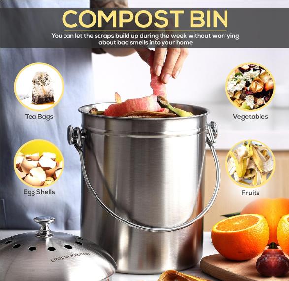 Compost Bin for Kitchen Countertop - 1.3 Gallon Compost Bucket for Kitchen with Lid - Includes 1 Spare Charcoal Filter (Silver)