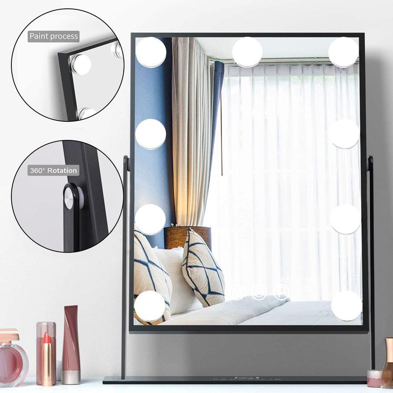 Hollywood Mirror with Light Lighted Makeup Mirror Vanity Makeup Mirror Smart Touch Control 3 Colors Dimable Light Detachable 10X Magnification 360°Rotation(Black)