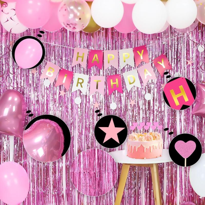 Happy Birthday Decoration Set,Pink Party Decorations for Girls,Happy Birthday Banner,Fringe Curtain,Happy Birthday Foil Confetti Balloons,Hanging Swirls Party Decorations,Cupcake Toppers