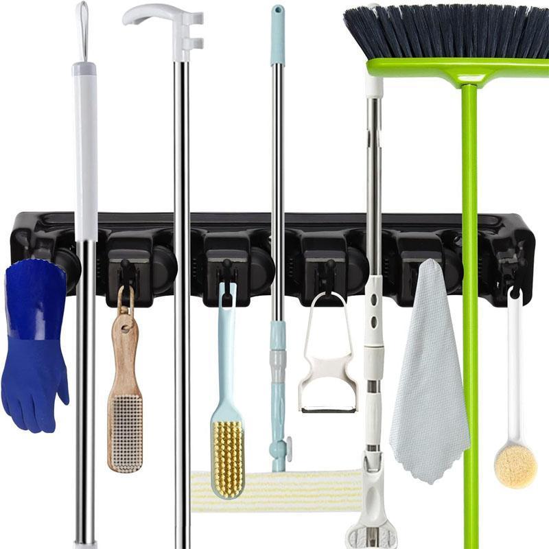 Wall Mounted Mop Holder, 1 Count Mop & Broom Storage Rack with 5 Slots & 6 Hooks, Home Organizer for Kitchen, Garden, Bathroom, Garage