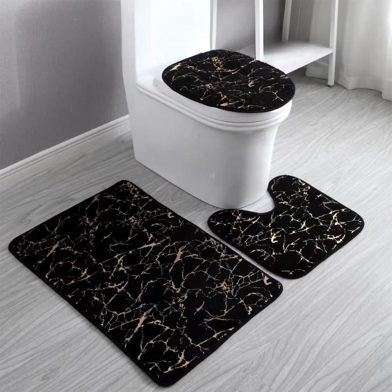 Marble Bathroom Rugs and Mats Set 3 Count Nonslip Black Gold Bathroom Mats Soft Washable Bath Mats for Bathroom Floor Mats Carpet Water Absorbent Shower Rug with U-Shaped Contour Rug Toilet Lid Cover