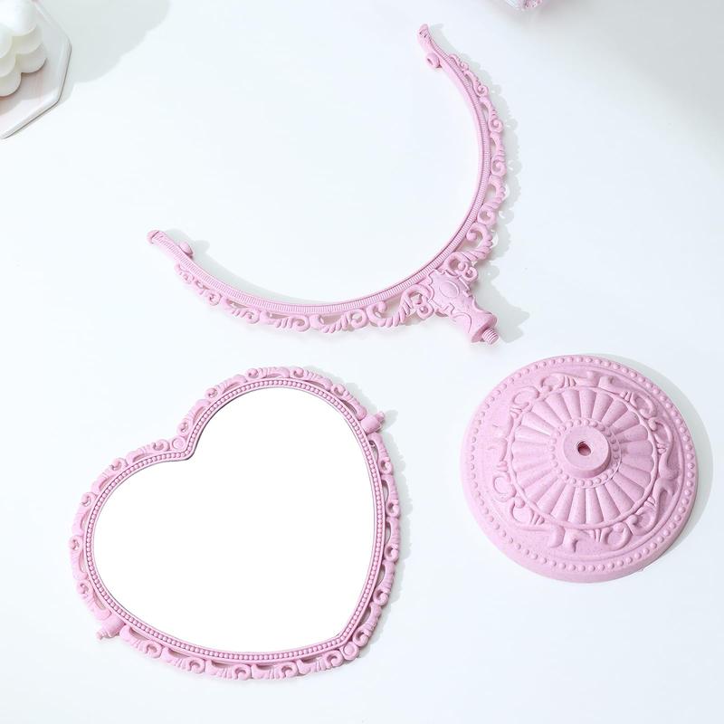 7 Inch Pink Vintage Heart Shaped Mirror, Elegant Double Sided 360 Degree Rotating Vanity Mirror for Room Decoration.