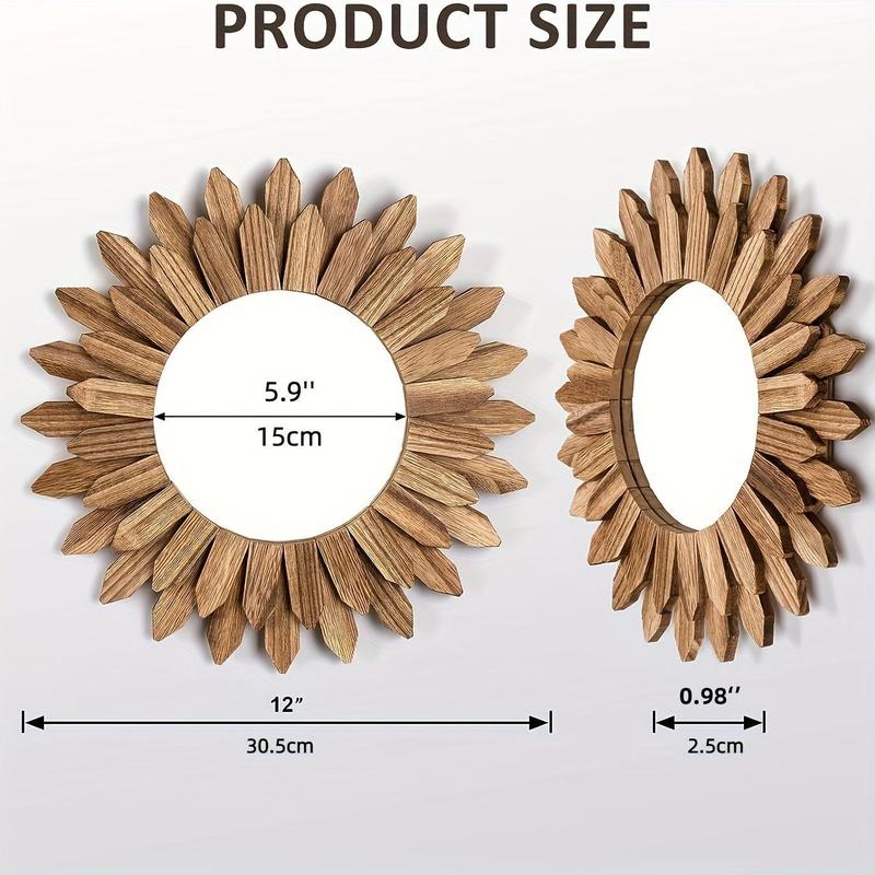 Wooden Sunflower Shaped Wall Mirror, Vintage Wooden Wall Mirror, Wall Hanging Decorative Mirror for Home Living Room Bedroom