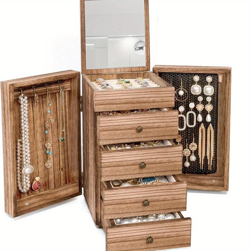 Charming Rustic 5-Layer Wooden Jewelry Organizer with Mirror - Perfect for Necklaces, Earrings, Rings & Bracelets, Utility Hooks