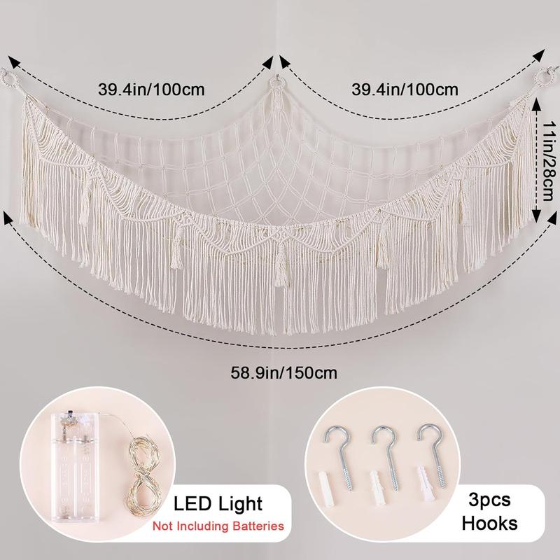 Stuffed  Hammock with LED Light Corner Hanging Net for Stuffed  Storage Girls Room Decor Stuff  Organizer Holder with Tassels  Hammock Storage, White