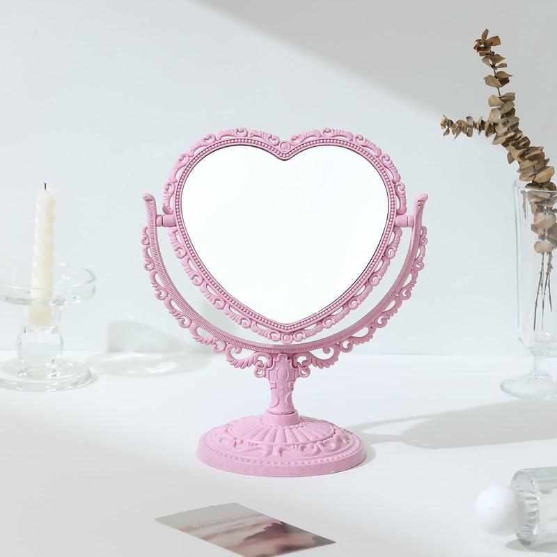 7 Inch Pink Vintage Heart Shaped Mirror, Elegant Double Sided 360 Degree Rotating Vanity Mirror for Room Decoration.