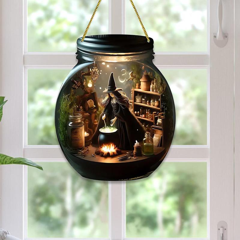 Witch in Mason Jar Design Hanging Decor, 1 Count Halloween Themed Hanging Ornament, Wall Hanging Decor for Home Living Room Bedroom, Halloween Decor