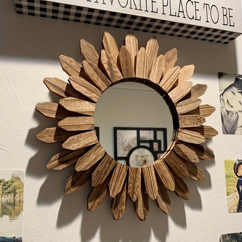 Wooden Sunflower Shaped Wall Mirror, Vintage Wooden Wall Mirror, Wall Hanging Decorative Mirror for Home Living Room Bedroom