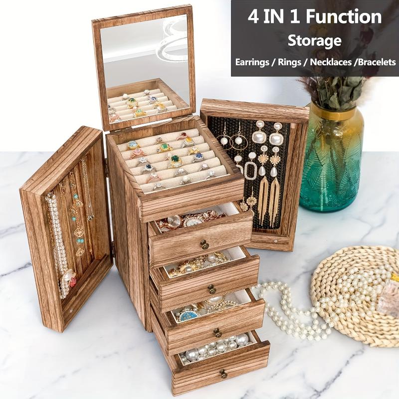 Charming Rustic 5-Layer Wooden Jewelry Organizer with Mirror - Perfect for Necklaces, Earrings, Rings & Bracelets, Utility Hooks