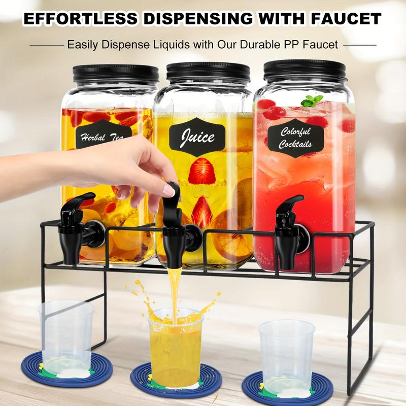 3PCS Glass Laundry Detergent Dispensers with Iron Rack, Leak-Proof Pads & Water Spout - Includes 3 Blackboard Labels, Mini Spanner - Perfect for Laundry Room Organization & Ideal for Liquid Detergent, Bleach, Fabric Softener