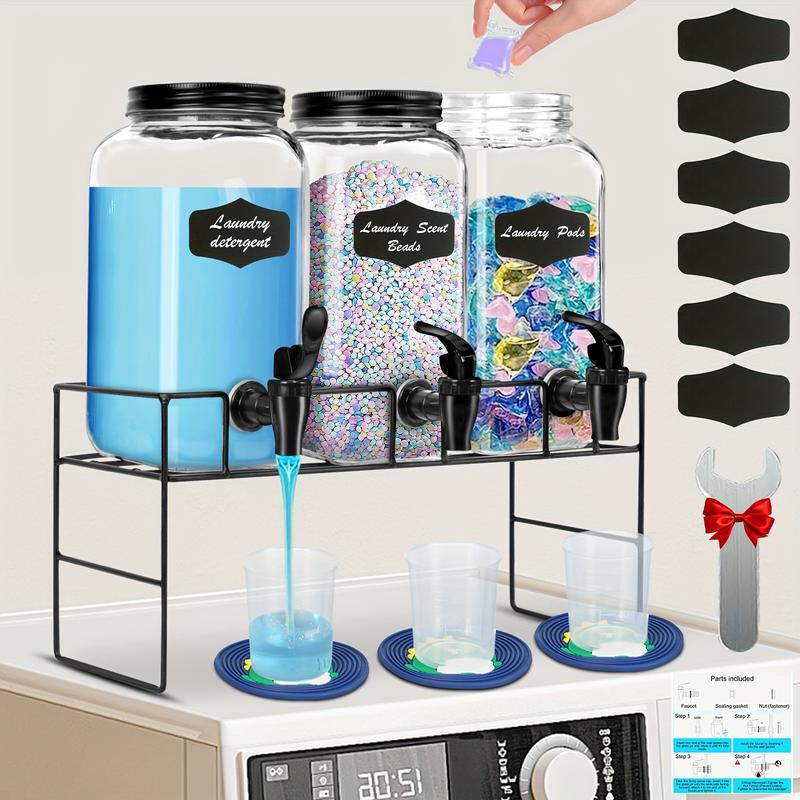 3PCS Glass Laundry Detergent Dispensers with Iron Rack, Leak-Proof Pads & Water Spout - Includes 3 Blackboard Labels, Mini Spanner - Perfect for Laundry Room Organization & Ideal for Liquid Detergent, Bleach, Fabric Softener