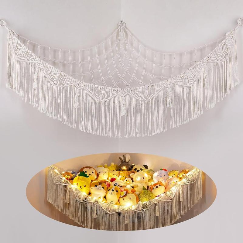 Stuffed  Hammock with LED Light Corner Hanging Net for Stuffed  Storage Girls Room Decor Stuff  Organizer Holder with Tassels  Hammock Storage, White