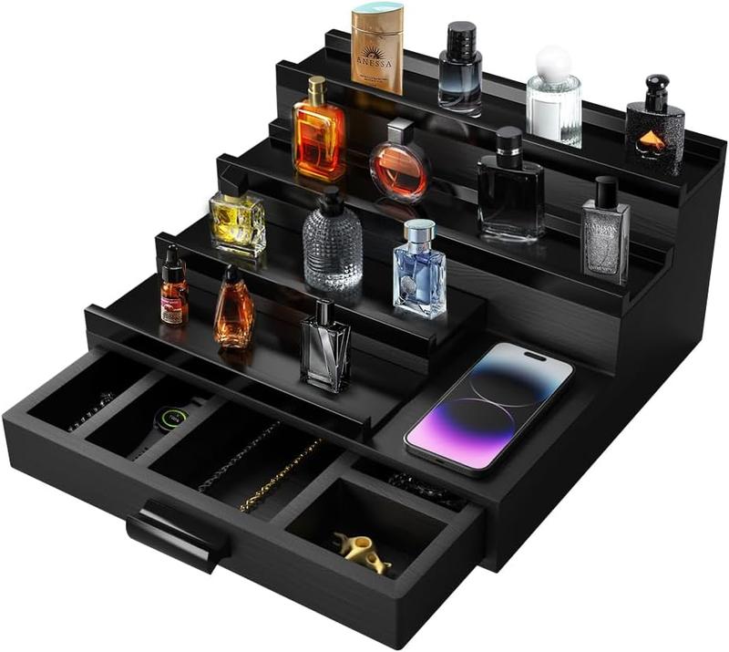 Cologne Organizer For Men - 4 Tier Cologne Stand Perfume Organizer,With Hidden Compartment Cologne Holder,Drawer Storage Display Risers,Perfume Organizer For Dresser,Great Gift For Man