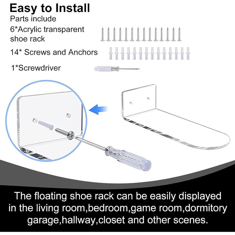 SJPACK Acrylic Floating Shoe Rack (Set of 6) Wall Mount Display Shoe Rack Transparent Storage Rack for Home Use Sneakers Display Rack with Screws and Anchors